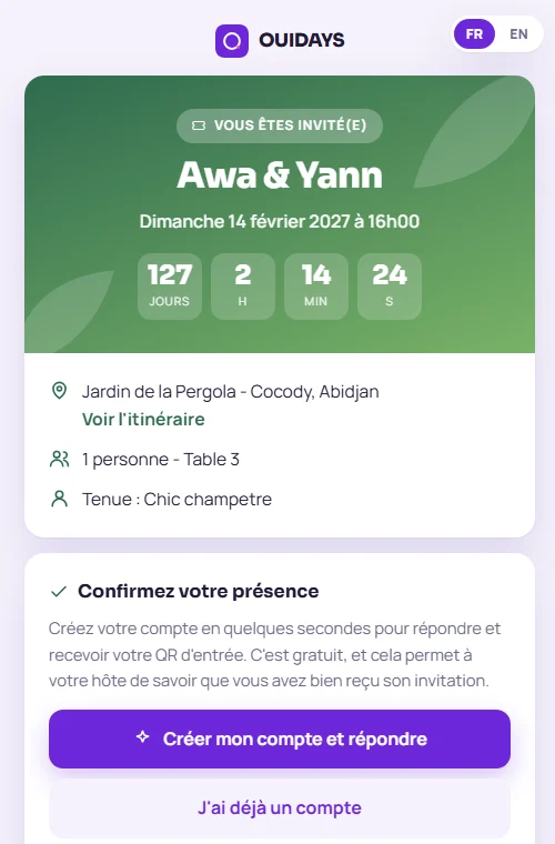 Aperçu d'une vraie invitation OUIDAYS sur téléphone